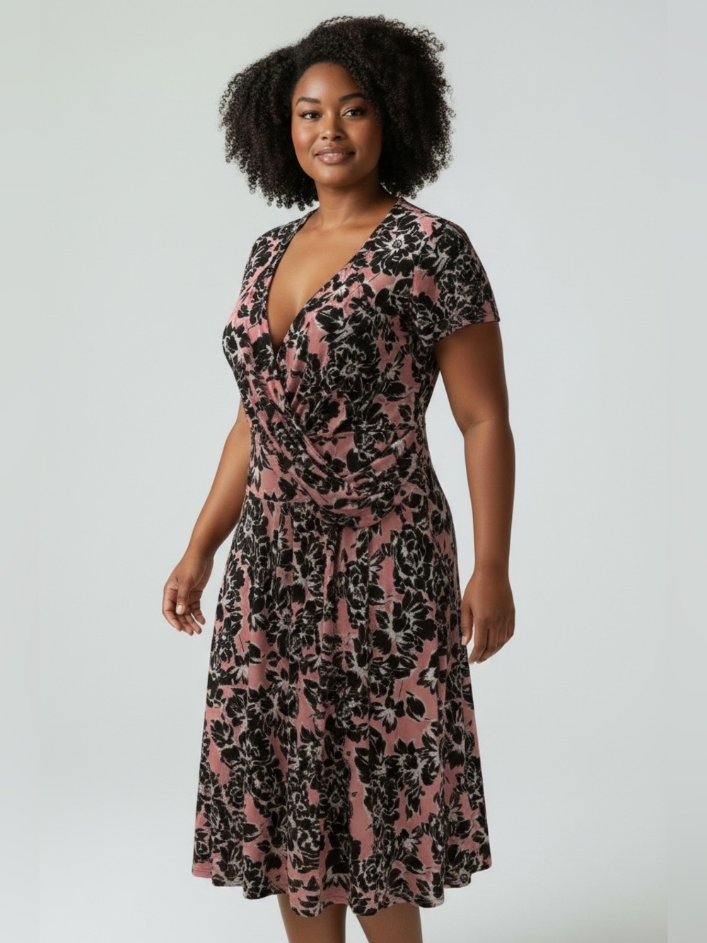 Leota Pink and Black Floral Twist-Front Midi Dress
